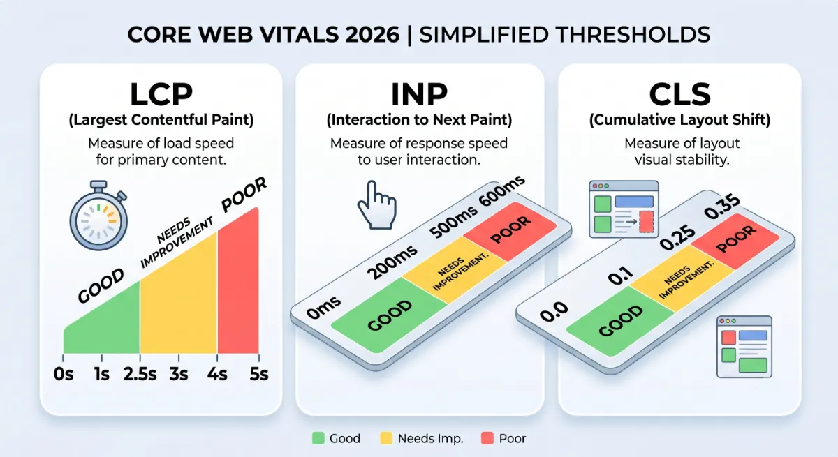Core Web Vitals thresholds in a 2026 technical SEO audit: LCP, INP, and CLS