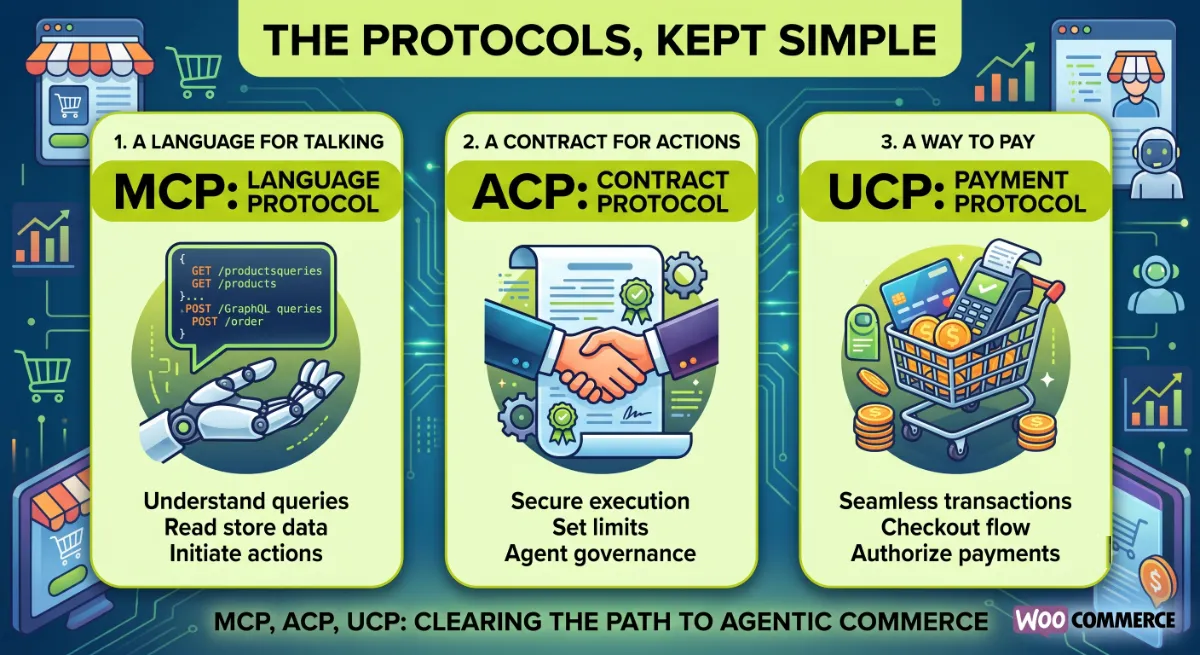 The agentic commerce protocols MCP, ACP, and UCP mapped to language, checkout, and contract for WooCommerce