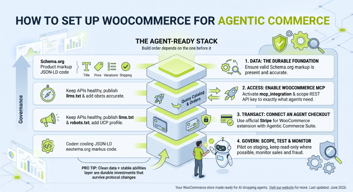 The Agent-Ready Stack for WooCommerce agentic commerce: data, access, transact, and discover layers