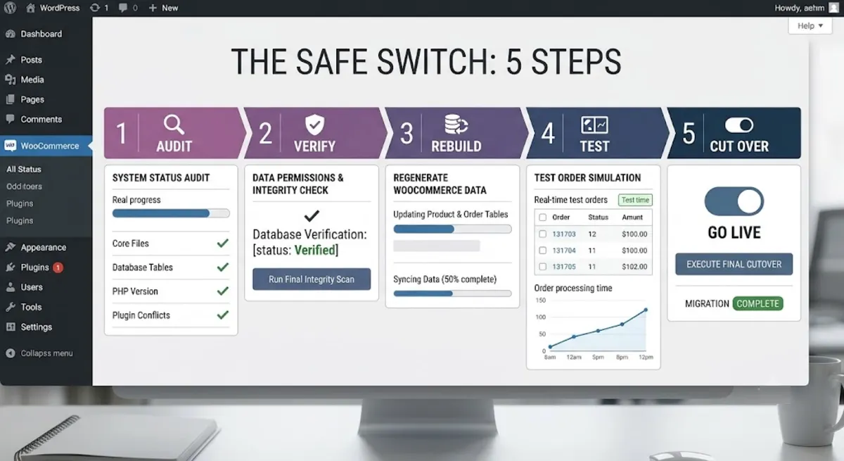 The Safe Switch five-step WooCommerce block checkout migration process on staging