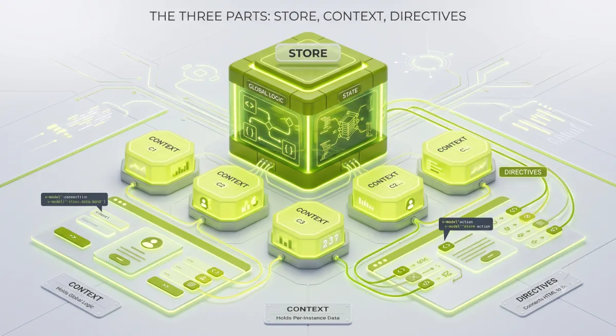 The three parts of the Interactivity API: store, context, and directives connecting markup to data