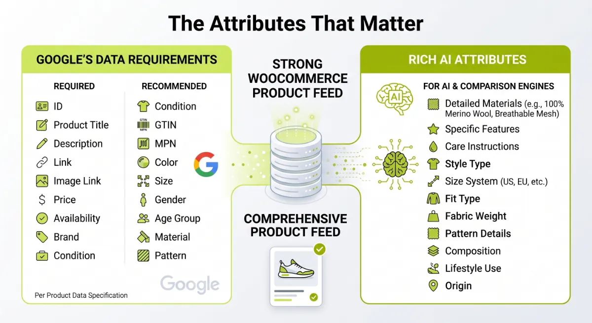 The required and AI-critical attributes in a WooCommerce product feed for Google and AI