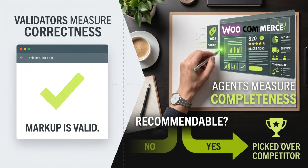 Valid but thin WooCommerce product schema versus complete schema that AI agents can recommend