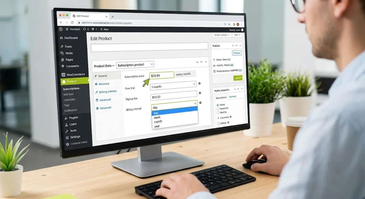 Creating a WooCommerce subscription product with billing interval, free trial, and signup fee