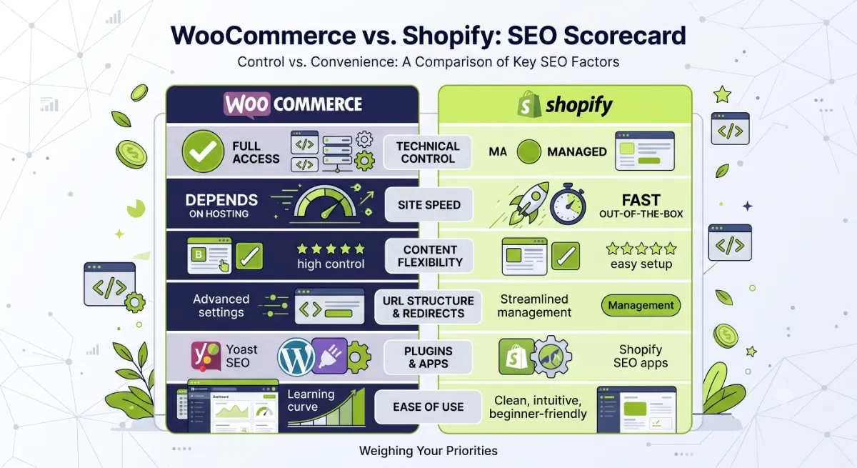 WooCommerce vs Shopify for SEO scorecard comparing URLs, speed, schema, content, and maintenance