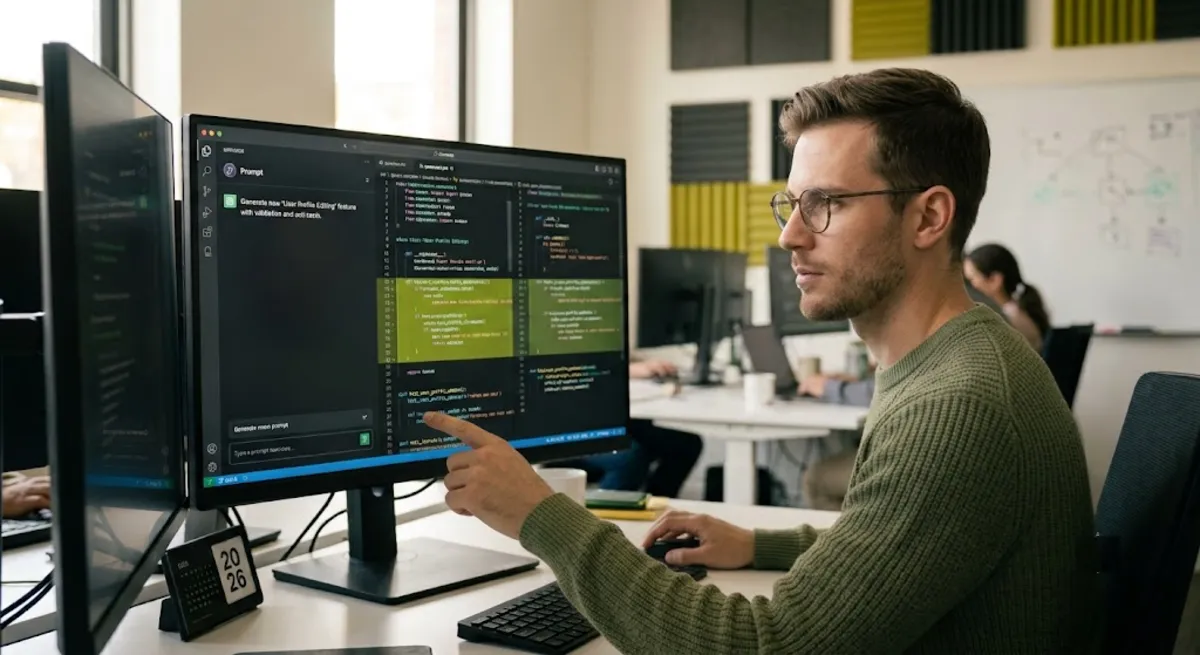 AI coding tools in 2026 generating features and tests as developers direct and review the output