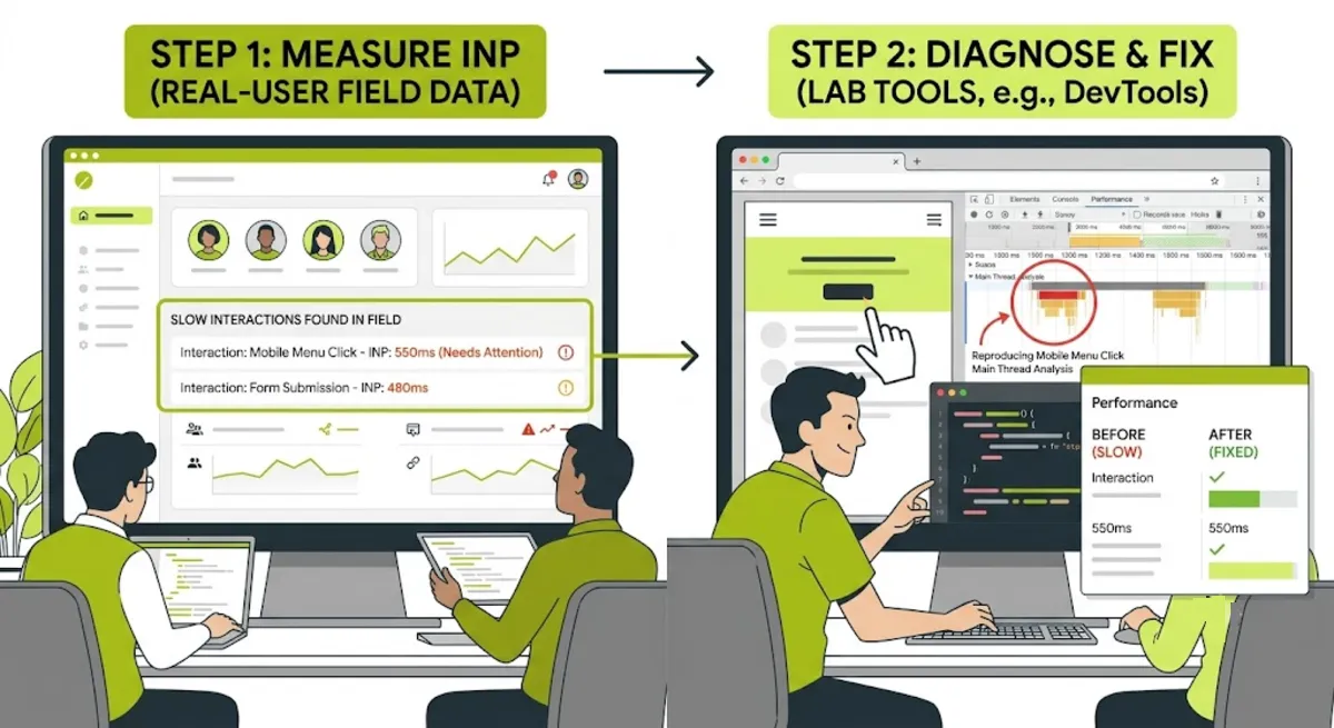 Measuring INP with real-user field data in PageSpeed Insights, Search Console, and DevTools