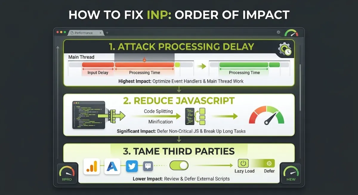 How to fix INP: break up long tasks, reduce JavaScript, optimize event handlers, and tame third-party scripts