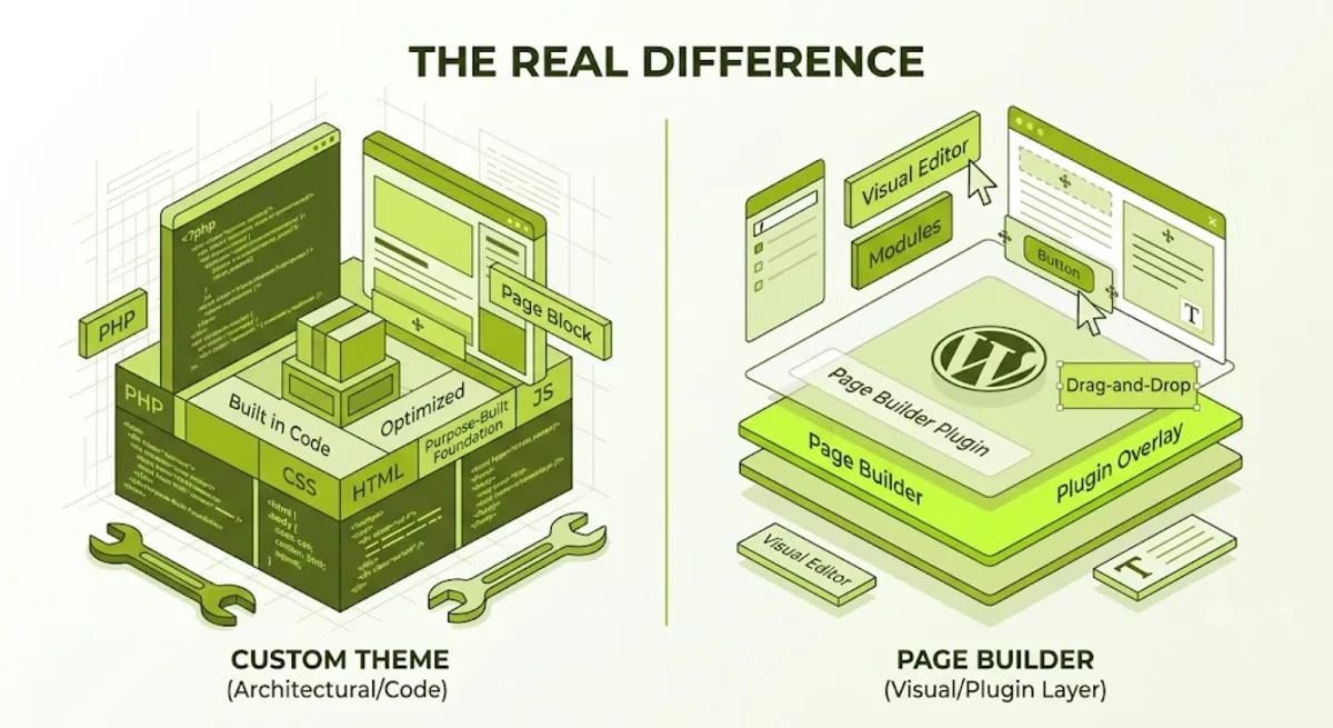 Custom WordPress theme vs page builder architecture: lean coded templates versus a visual builder layer