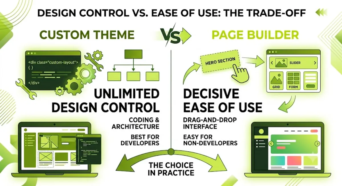 Custom WordPress theme vs page builder design control and ease of use trade-off for editing