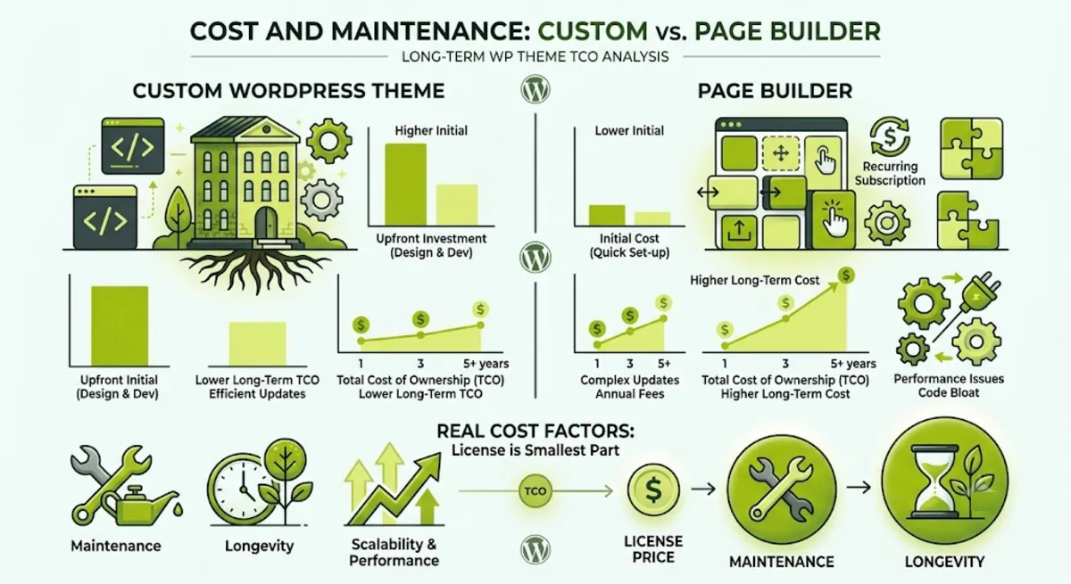 Custom WordPress theme vs page builder cost: low upfront builder license versus long-term custom value