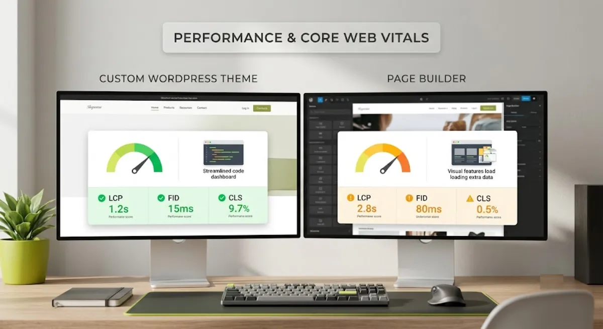 Custom WordPress theme vs page builder performance and Core Web Vitals comparison with code weight