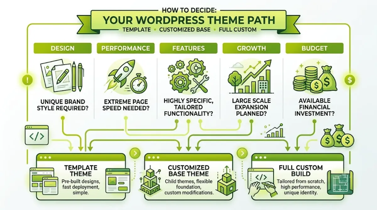 Deciding if you need a custom WordPress theme by design, performance, features, scale, and budget