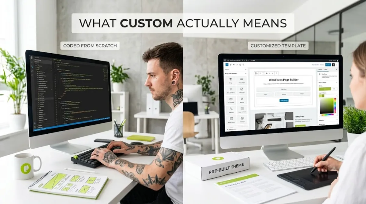 The spectrum from pre-built theme to customized theme to a custom WordPress theme coded from scratch