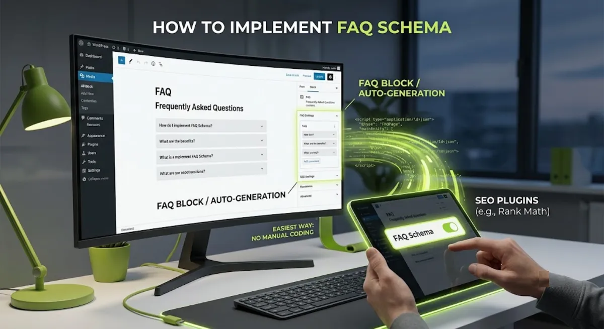 Implementing FAQ schema with a plugin like Rank Math that generates FAQPage JSON-LD from visible content