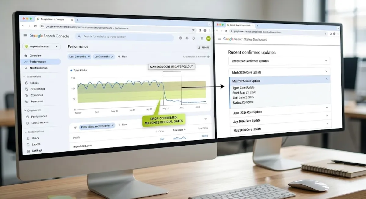 Confirming a Google core update hit by matching a traffic drop to official rollout dates in Search Console