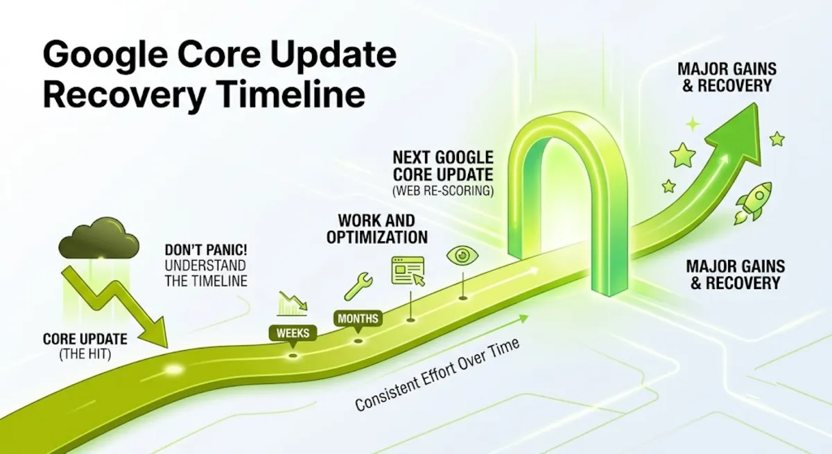 Google core update recovery timeline: rollout, gradual gains, then full recovery at the next update