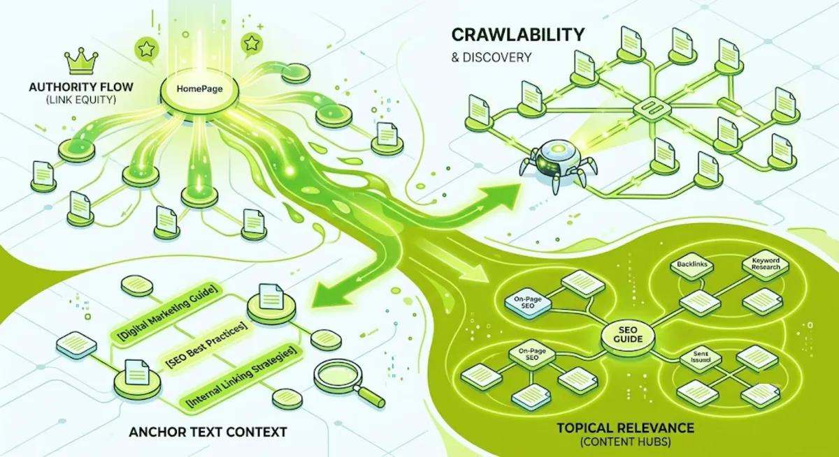How internal linking helps SEO through authority flow, crawlability, anchor context, and topical relevance