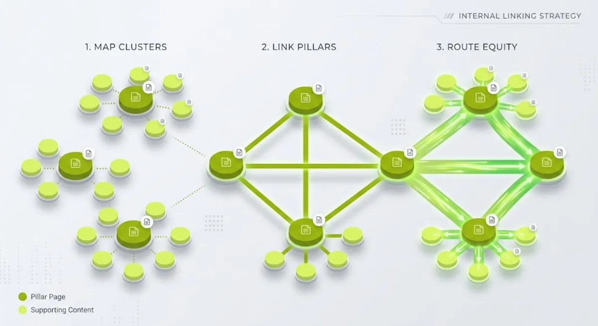 Building an internal linking strategy step by step: mapping clusters, linking pillars, and routing equity