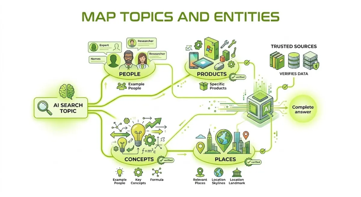 Entity mapping for keyword research for AI search connecting concepts, products, and related topics
