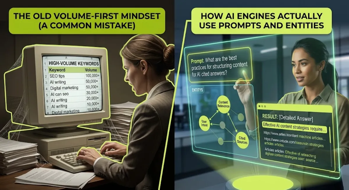 The biggest keyword research for AI search mistake is chasing volume instead of questions and entities