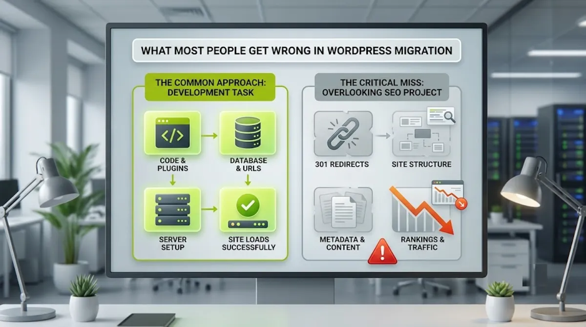 The mistake in migrate WordPress without losing SEO is treating it as dev work not an SEO project