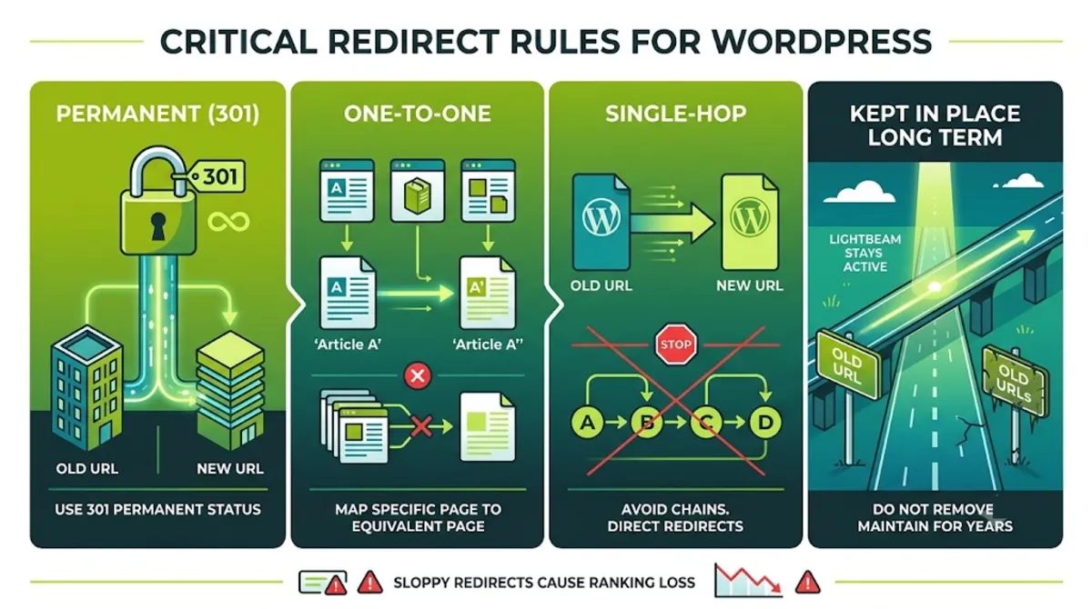 Critical 301 redirect rules to migrate WordPress without losing SEO: permanent, one-to-one, single hop