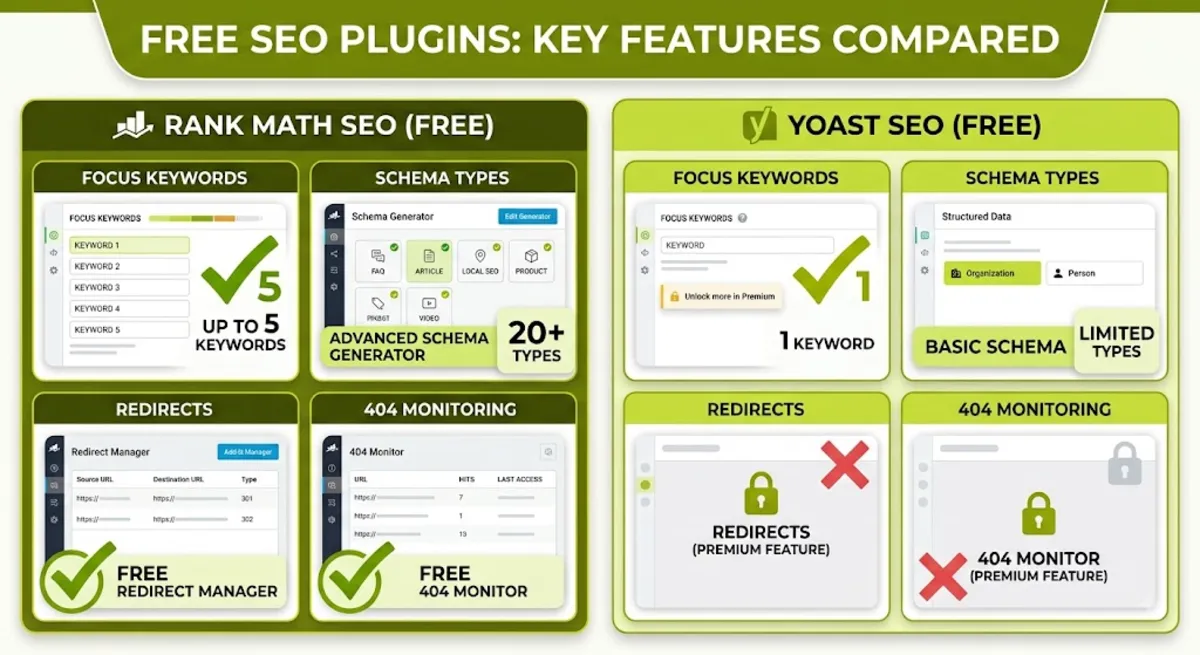 Rank Math vs Yoast free features compared: focus keywords, schema, redirects, and 404 monitoring