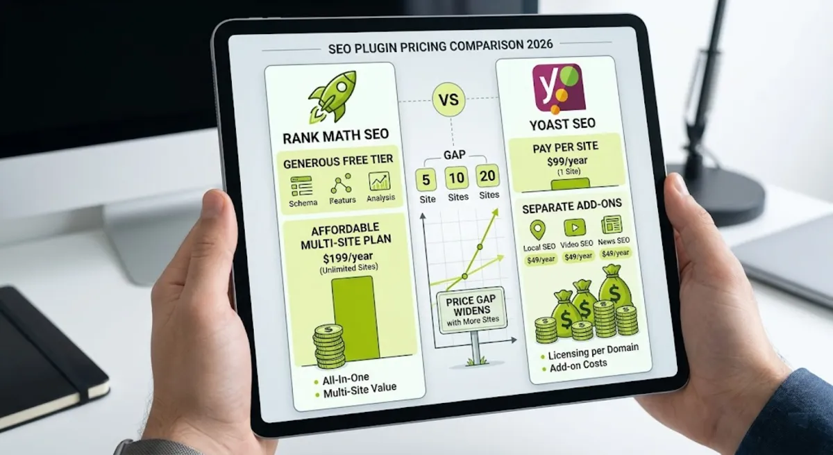 Rank Math vs Yoast 2026 pricing compared for single sites and multiple client sites