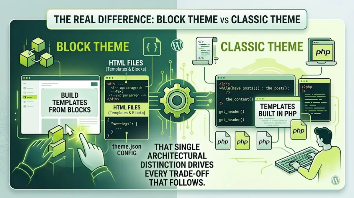 Block theme vs classic theme architecture: HTML block templates and theme.json versus PHP templates