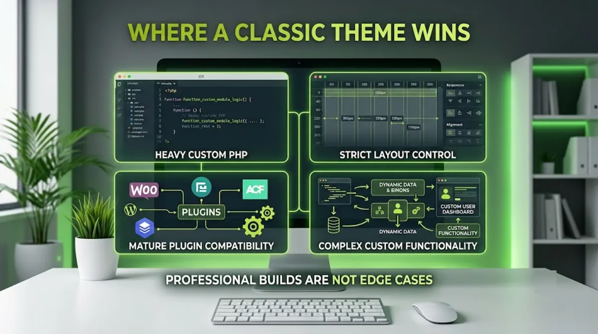 Where a classic theme wins: custom PHP templates, page builders like Elementor, and complex functionality