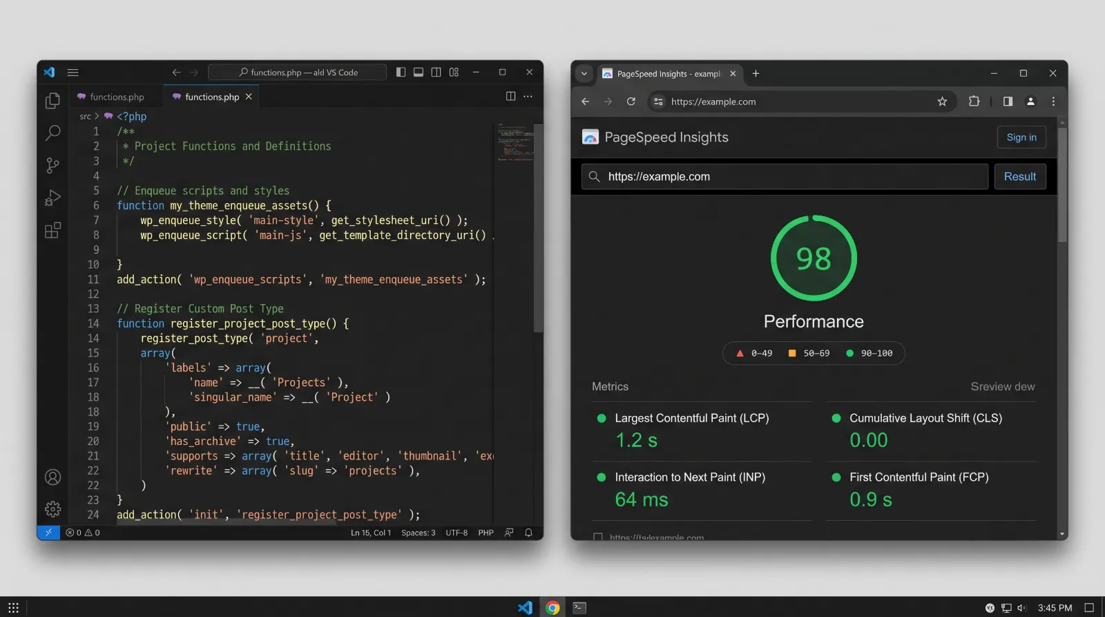 VS Code editor showing WordPress PHP code beside a PageSpeed Insights panel with a 98 performance score