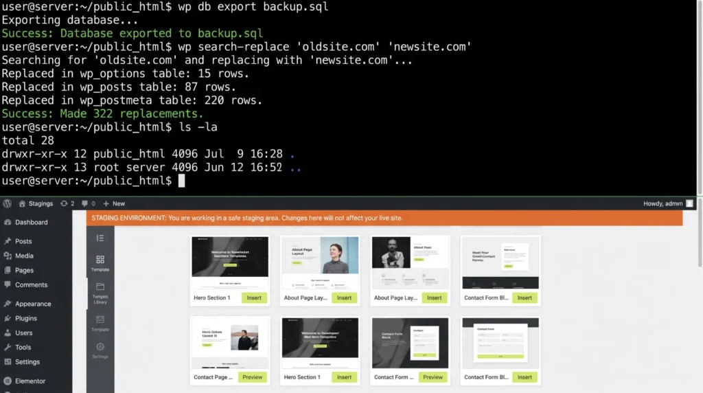 WP-CLI terminal running migration commands above a WordPress staging dashboard used for white label agency builds