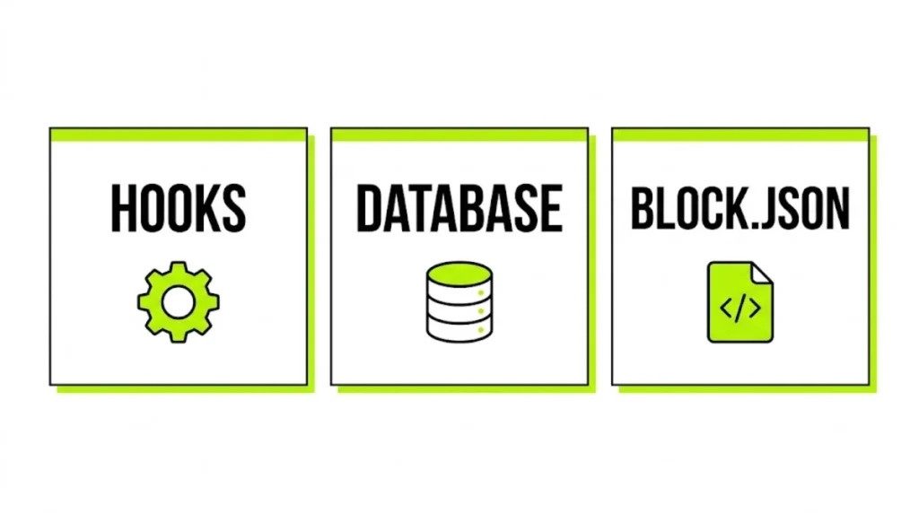 An expert in WordPress reviewing hooks, a database query, and a block.json file side by side in a code editor