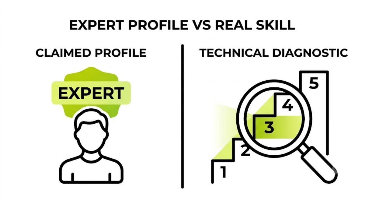 A freelancer profile labelled WordPress expert compared against the real expertise layer shown by technical questions