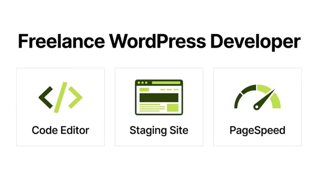 Freelance WordPress developer working across a code editor, a staging site, and a PageSpeed report on one screen