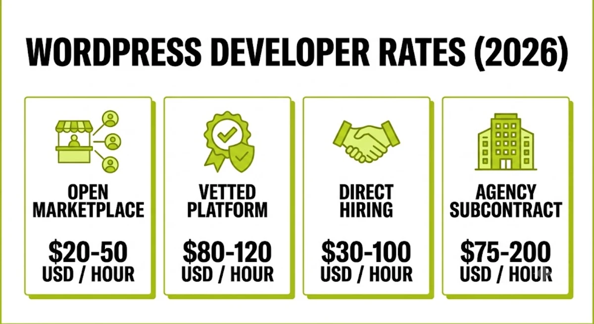 Freelance WordPress developer rates in 2026 compared across marketplaces, vetted platforms, direct hiring, and agency subcontracting