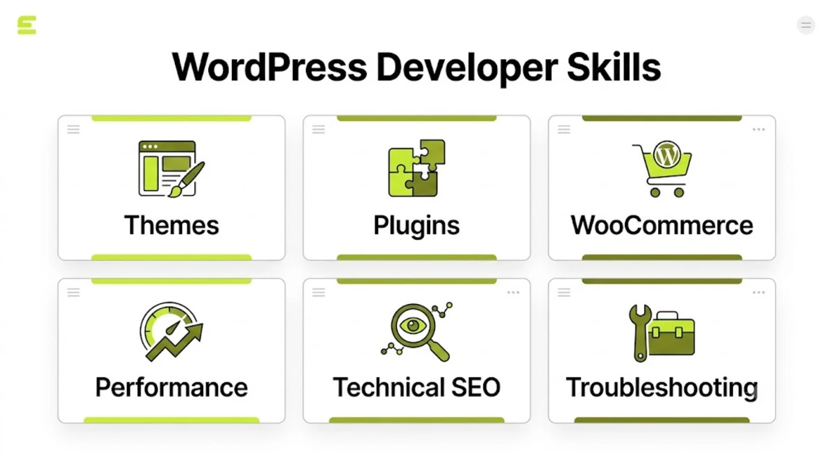 Six areas a freelance WordPress developer covers: themes, plugins, WooCommerce, performance, technical SEO, and troubleshooting