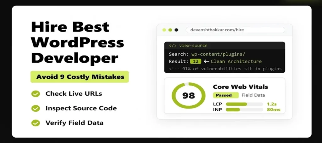 Checklist used to hire best WordPress developer talent, shown beside a browser page source and a PageSpeed Insights report