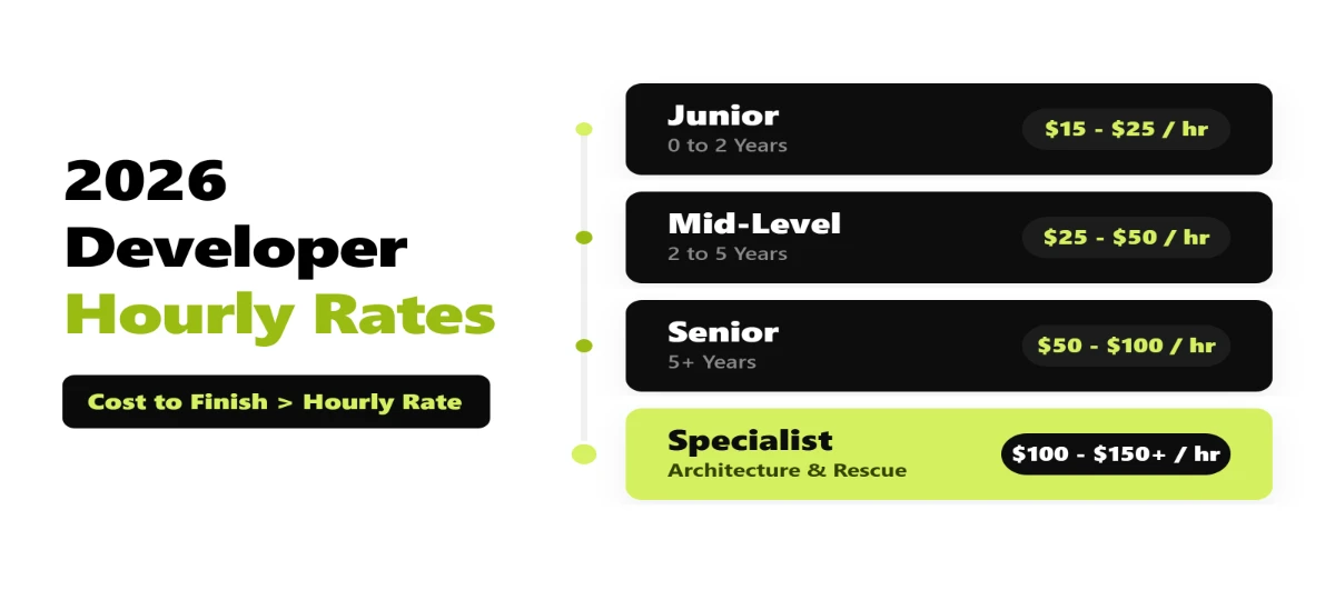 Rate table used to hire best WordPress developer talent in 2026, comparing junior, mid-level, senior, and specialist pricing tiers
