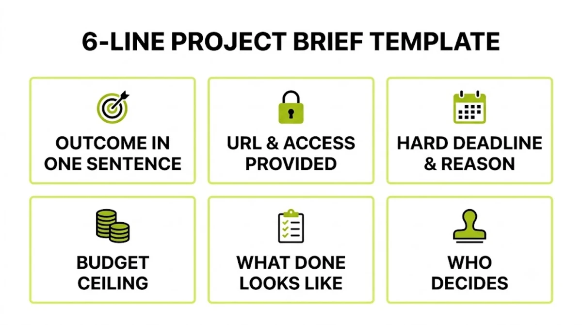 Six-line project brief template for hiring a freelance WordPress developer, covering outcome, access, deadline, budget, acceptance, and approver
