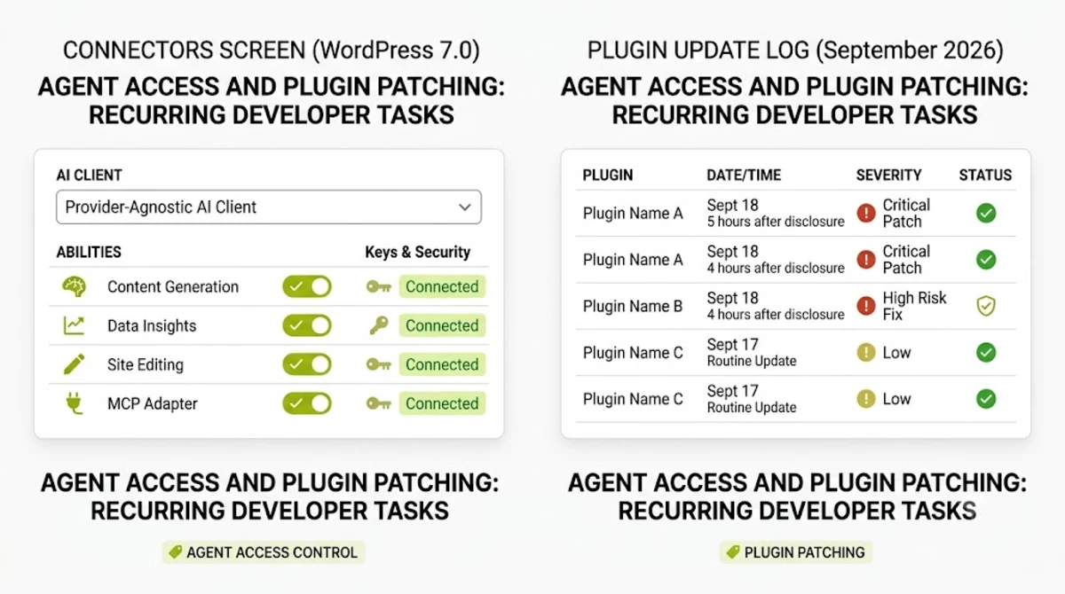 WordPress 7.0 Connectors screen and plugin update log reviewed by a freelance WordPress developer during monthly checks