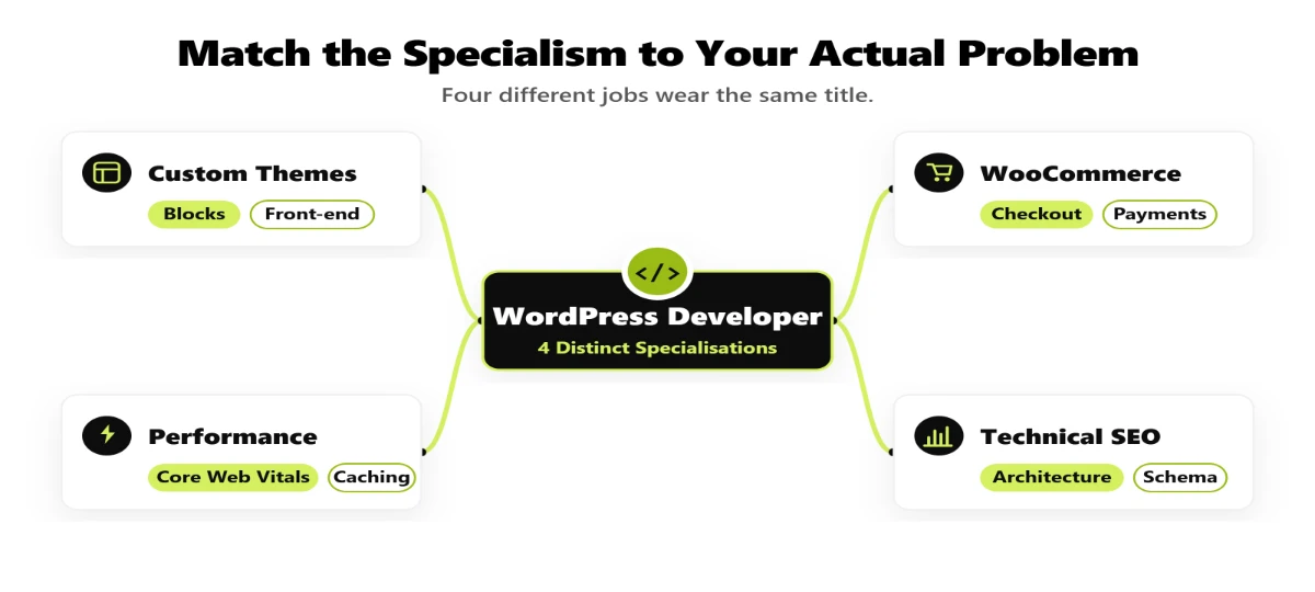 Map of WordPress developer specialisations covering custom themes, WooCommerce, performance, and technical SEO