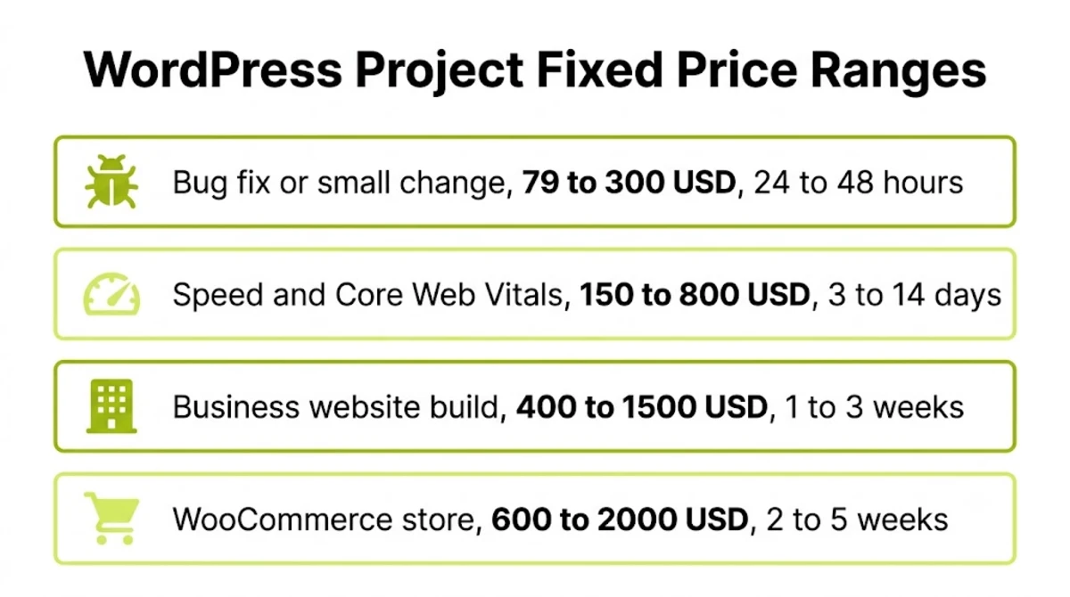 Fixed price ranges for common WordPress projects including bug fixes, speed work, business builds, and WooCommerce stores