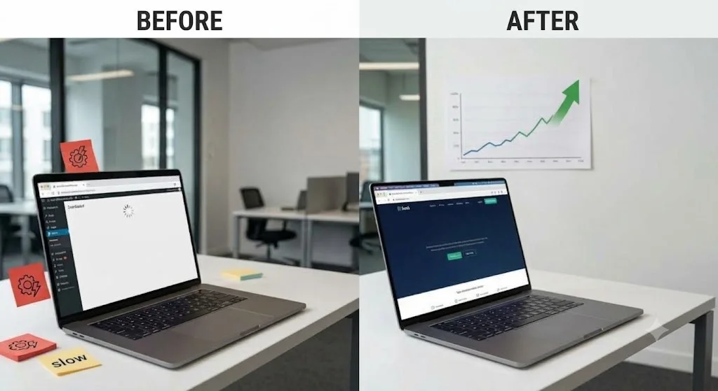 Slow WordPress site rebuilt: Core Web Vitals before and after showing LCP from 4.8s to 1.7s and PageSpeed 54 to 94